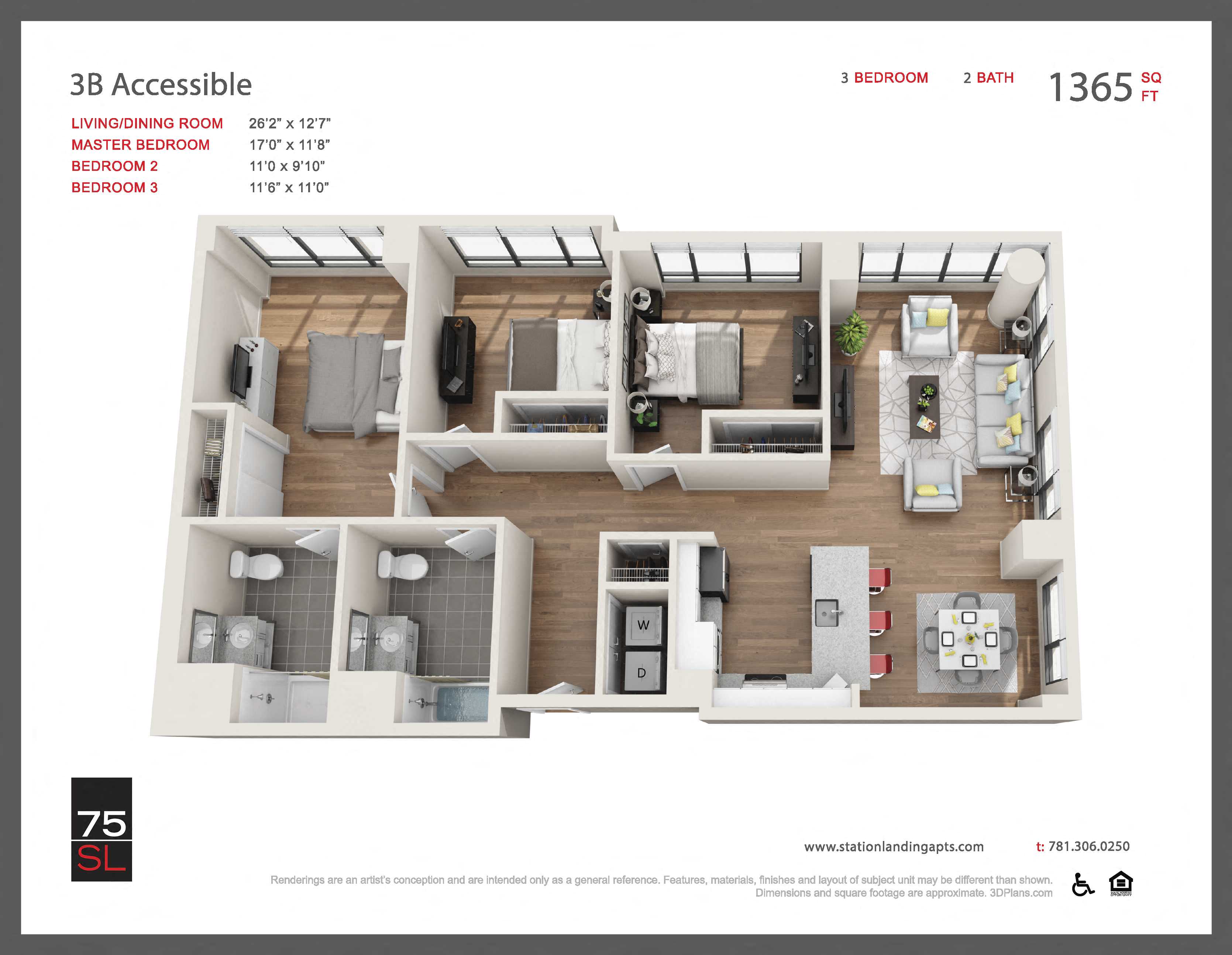Floor plan for 3 beds, 2 baths